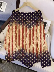 Women's Independence Day Flag Print V-Neck Sweater, Casual Long Sleeve Knit Top, Breathable Summer Fall Clothing, Hollow Out Design, Knitwear