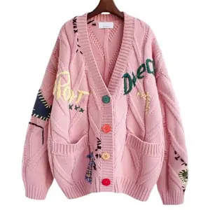 Women's Cable Knit Embroidery Patchwork Cardigan V Neck Long Sleeve Open Front Button Down Sweater Women's knitted cardigan coat Long sleeve V-neck embroidered cardigan sweater coat