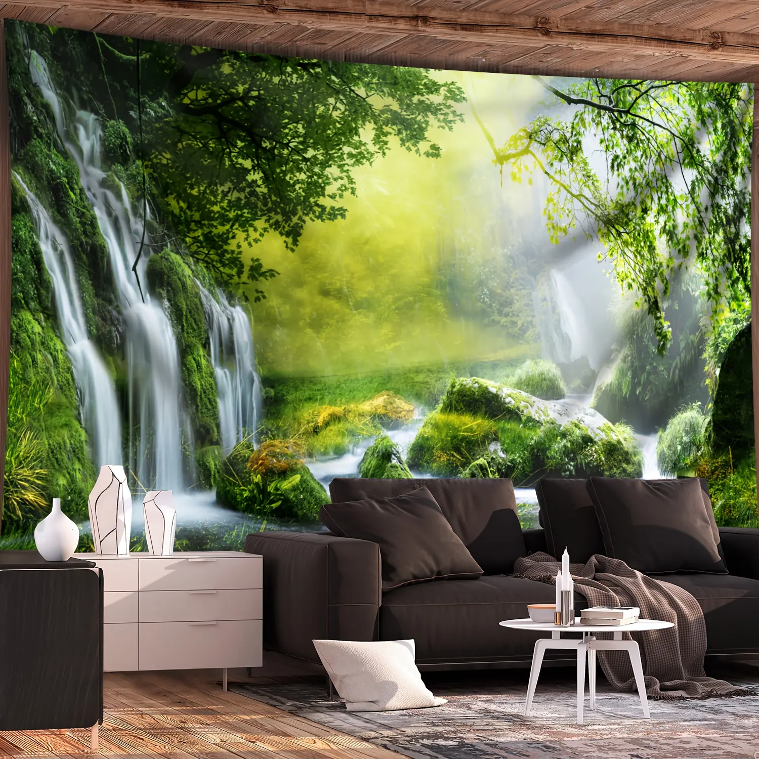 Green Forest Waterfall Backdrop Nature Landscape Theme Tapestry Wall Hanging Photography Background for Living Room Decor Spa Party Relaxation Space Event Supplies