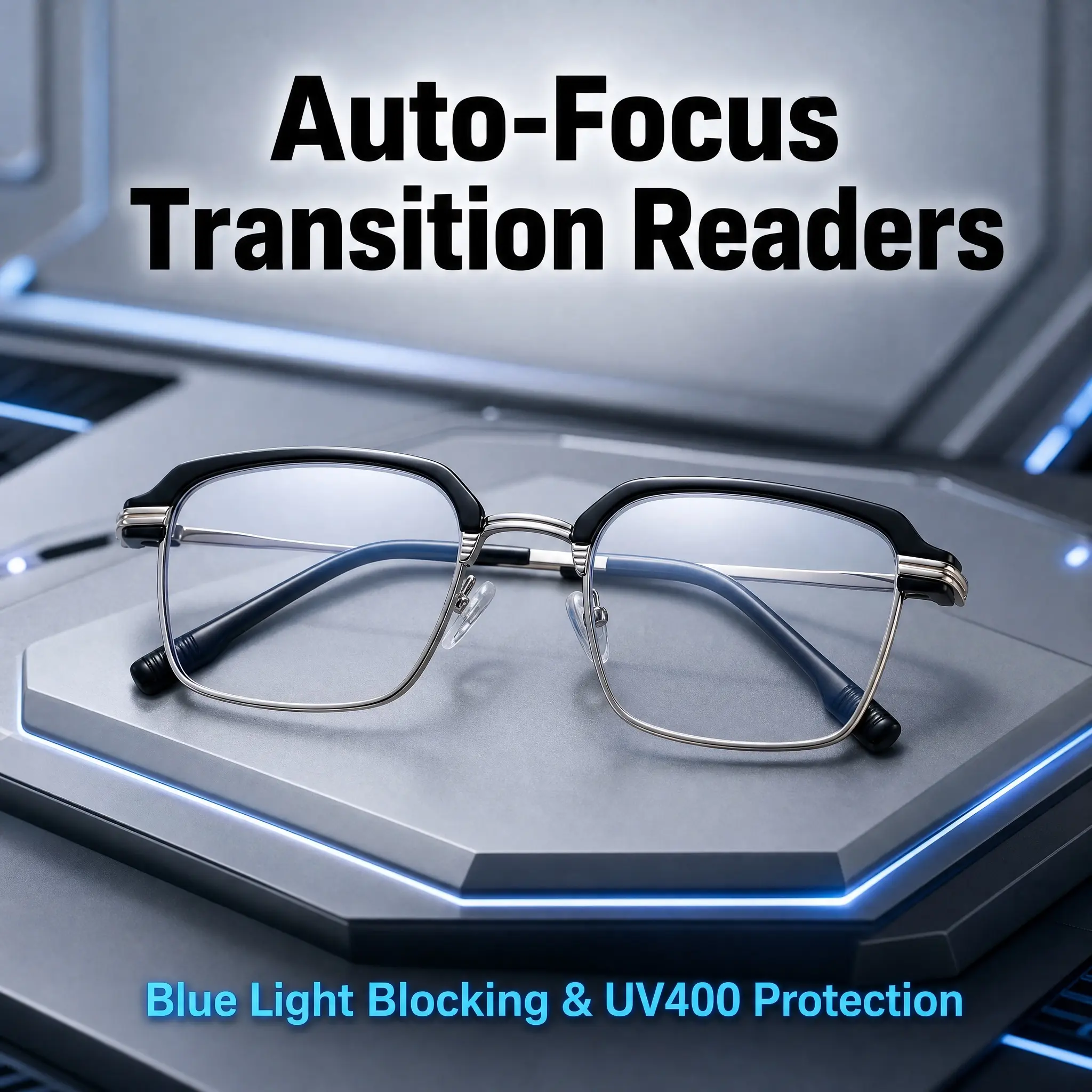 Unisex Classic Black with Gold Frame Smart Auto-Focus Reading Glasses (1.00-7.00D), Photochromic Transition Sunglasses with Anti-UV & Blue Light Blocking Lenses, Vintage Half Rim Plain Eyewear for Outdoor Wear, Hard Case Included, Ideal Gift for Parents