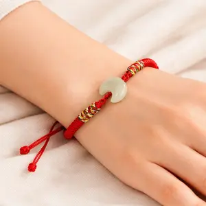 Natural Nephrite Hetian Jade Moon Shape Bracelet – Red String Adjustable Lucky Charm Bracelet | Yuora Jewelry