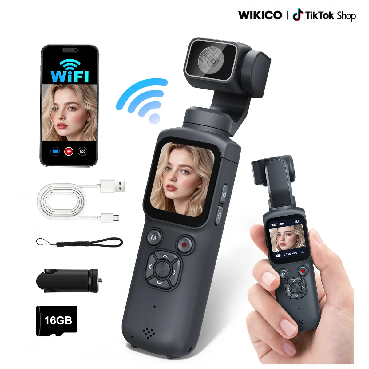WIKICO 4K/30fps Pocket Vlogging Camera with Face Tracking, WiFi, LCD, 16GB Card, Tripod - Digital Camera for Hiking, Vlogging Equipment
