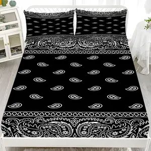 Fitted Sheet 3-Piece Set - 2D Flat Printed Black and White Paisley Pattern Mattress Covers, Available in 10 Sizes (1 fitted sheet + 2 pillowcases, no insert). skin-friendly and breathable bedding, suitable for family bedrooms .