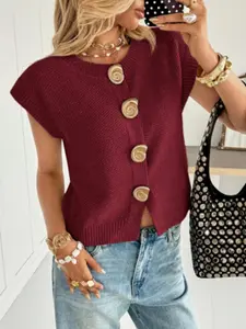 Women's Round Neck Button Front Knit Top, Sleeveless Casual Elegant Loose-Fitting Shirt, Soft Comfortable Fabric for Spring Summer Daily Home Office