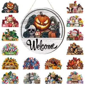 Seasonal Interchangeable Magnetic Welcome Sign 12 Inch, 17 Pcs Changeable Summer Garden Yard Porch Decor, Independence Day Front Door Hanger Year Round Farmhouse Office Home Outdoor Halloween Decor Birthday Party Housewarming Gift