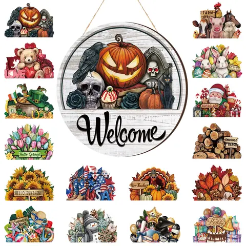 Seasonal Interchangeable Magnetic Welcome Sign 12 Inch, 17 Pcs Changeable Summer Garden Yard Porch Decor, Independence Day Front Door Hanger Year Round Farmhouse Office Home Outdoor Halloween Decor Birthday Party Housewarming Gift
