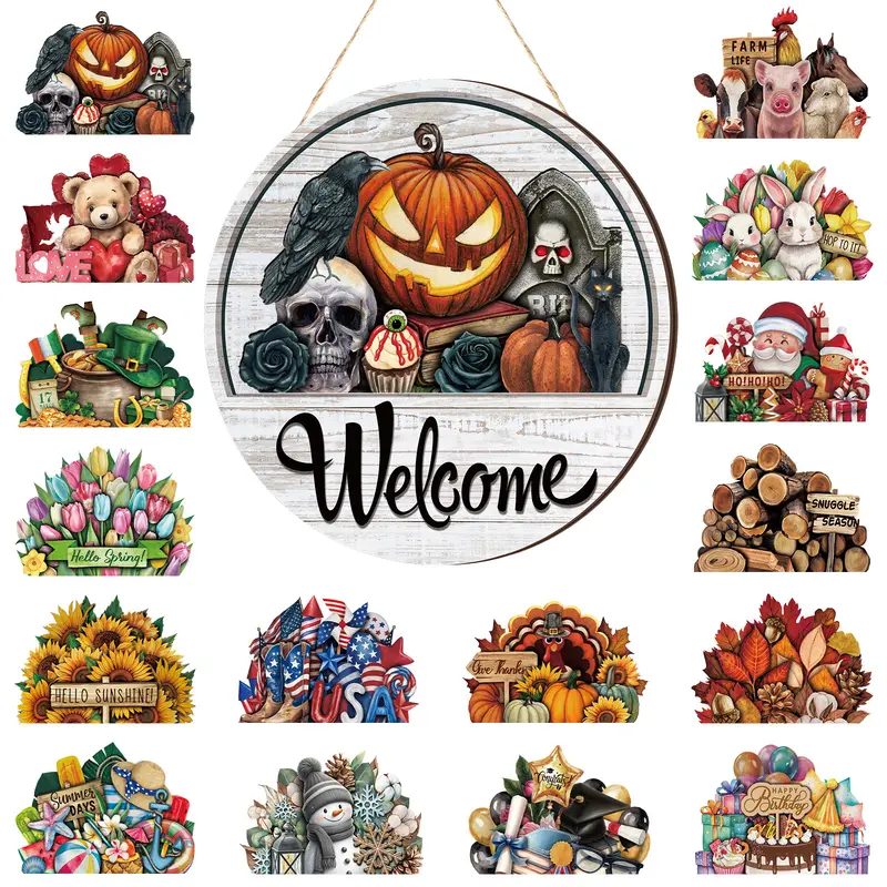 Seasonal Interchangeable Magnetic Welcome Sign 12 Inch, 17 Pcs Changeable Summer Garden Yard Porch Decor, Independence Day Front Door Hanger Year Round Farmhouse Office Home Outdoor Halloween Decor Birthday Party Housewarming Gift