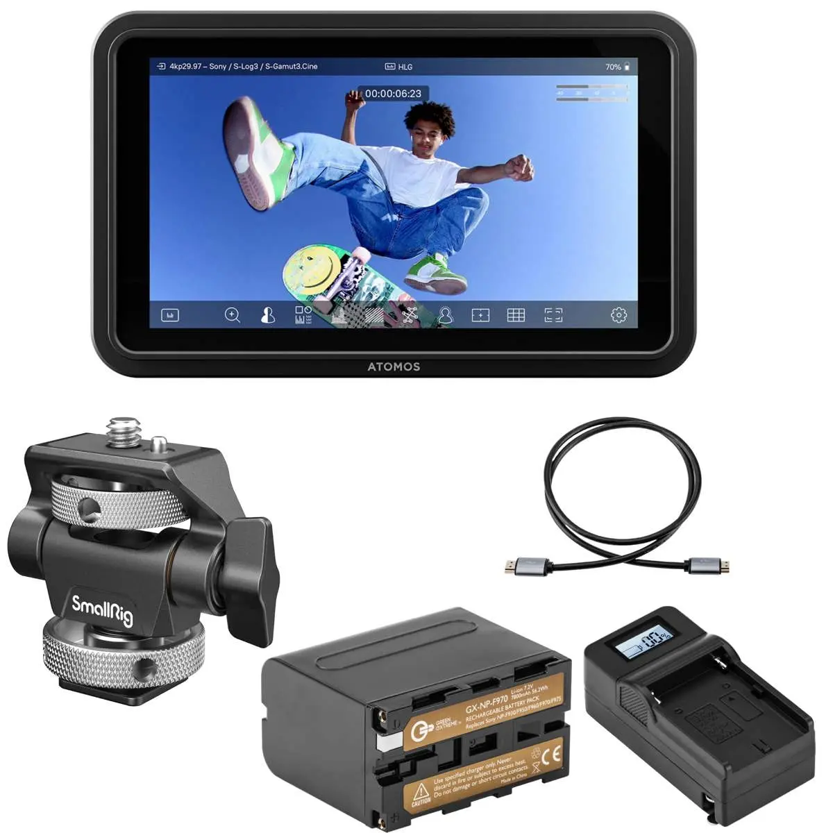 Atomos Shinobi Go 5" Full HD HDR Camera Field Monitor + Monitor Mount + NP-F970 Battery Pack with Charger + HDMI Cable