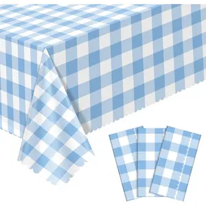 3 Pack Blue Gingham 54 X 108Inch Scalloped Blue and White Checkered Disposable Tablecloth for Baby & Bridal Shower Picnic Camping Birthday Barbecue Tea Party Wedding
