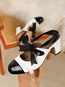Retro Color-Block Mary Jane High Heels with Back Ankle Strap for Women – Satin Bow, Closed Toe, Chunky Heel Pumps. Elegant Style High Heels – Versatile for Casual / Office / Wedding Wear.