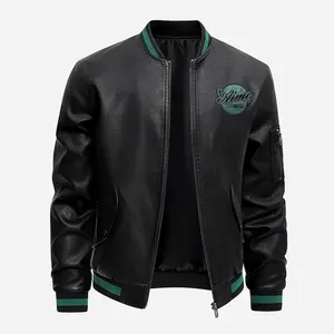 Men's Black PU Leather Bomber Jacket - Contrast Green Stripes & Embroidered Logo, Utility Arm Pocket Stylish Casual Fall Winter Coat