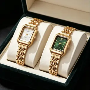 2-Pack Gold-Tone Square Watches | White & Green Dial Dress Watch Set for Women