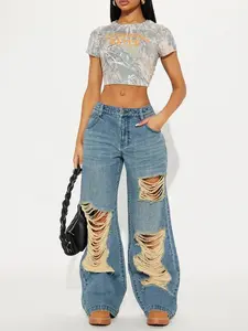 Cleo Ripped Wide Leg Jeans - Vintage Wash