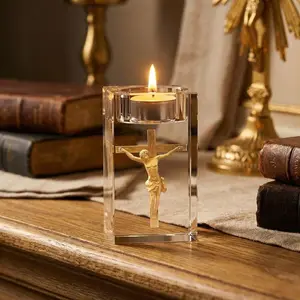 3D Laser Engraved Crucifixion Of Jesus Crystal Tealight Candle Holder, Christian Religious Prayer Decor, Perfect Easter, Mother's Day, Baptism & First Communion Gift For Believers, Ideal Christian Religious Ornament For Church & Home Decor, room