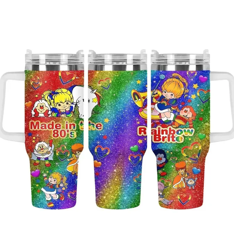 [Gift Box & Straw] RainbowBrite 40oz Tumbler with Handle & Straw, Made in the 80's Stainless Steel Insulated Travel Mug, Retro Cartoon Glitter Rainbow Cup, Vintage 1980s Nostalgia Drinkware, Gift for RainbowBrite Fans