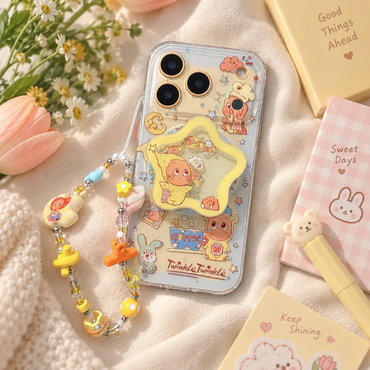 Kawaii Star Shaker Phone Grip with Beaded Charm Cute Yellow Pastel Liquid Acrylic Phone Holder Y2K Aesthetic Smartphone Stand E-reader Accessory Gift