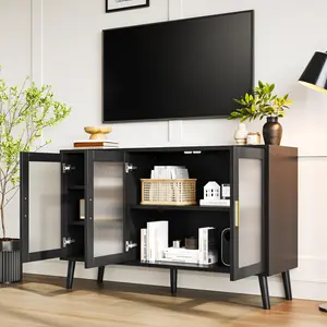 Modern Fluted Glass Sideboard Buffet Cabinet with Ample Storage, 48 Inch Stylish Dining Room Console, Versatile Multi-Use Cabinet for Kitchen, Living Room, TV Stand & Coffee Bar, Mid Century Accent Furniture