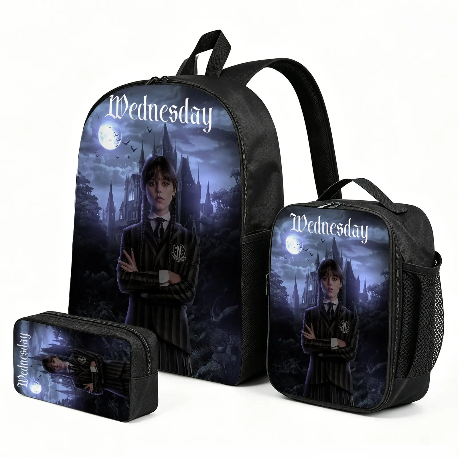 Kids' Wednesday 3-Piece School Set, Character-Themed Racing Aesthetic Canvas Combo with Insulated Lunch Tote & Pen Pouch for Back to School Haul, Cartoon, Elementary School