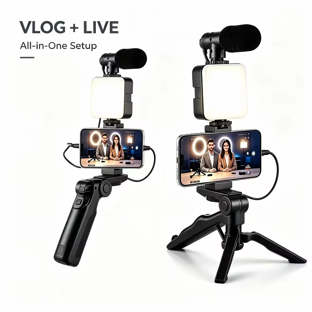 Compact Lightweight Portable Smartphone Tripod Podcast Vlog Kit with LED Light, Microphone for Live Streaming, Outdoor Recording, Selfies, Travel Phone Accessories