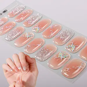 16 tips Gel Nail Full Wraps, Pale pink Nail Strips, Iridescent Glitter, Glitter Silver butterflies Design, Long-Lasting Self-Adhesive Short Full Nail Stickers, Suitable for Women, No Requiring UV Curing, Easy to Apply Remove, Manicure Stickers