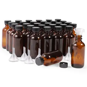 30 Pack 2 Oz Amber Glass Bottles with Black Poly Cone Caps and 6 Funnels - Small 2 Oz Glass Bottles with Lids for Vanilla Extract
