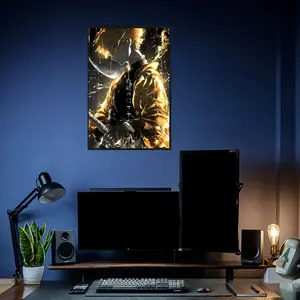 Zenitsu Agatsuma Demon Slayer Poster, golden lightning aura silhouette with moonlight and katana pose, printed on high quality cardboard with sharp pattern, anime wall art for dorm decor and gaming setup display