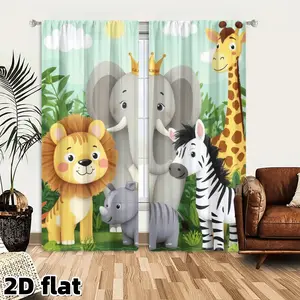 2D Flat 2Pcs Safari Animal Curtains, Jungle Theme Window Drapes with Elephant Lion Zebra Giraffe Rhino, Cartoon Design, Light Blue Background, Rod Pocket Style, Semi Sheer Polyester, for Kids Room Living Bedroom Nursery Home Decor,