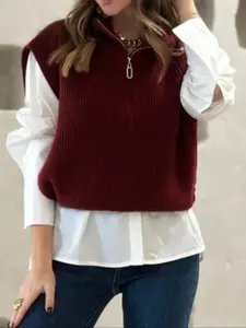 Women's Burgundy Half-Zip Knitted Vest, Ribbed Sleeveless Fitted Pullover, Casual Collared Top, Womenswear for Fall & Winter Layering