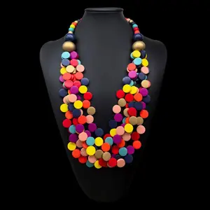 BeadBreath Rainbow Wooden Disc Beaded Bib Necklace, Multi-Color Layered Statement Necklace, Bold Bohemian Fashion Jewelry