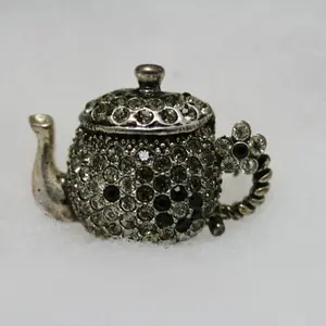 Rhinestone Silver Tone Teapot Brooch/Pin With Flowers  Antique Teapot Jewelry