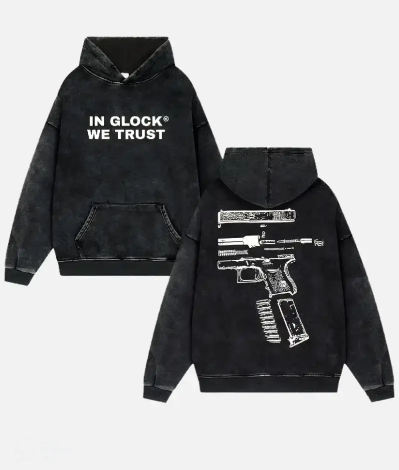 Men's Washed Cotton Pullover Hoodie - Unisex Vintage Streetwear Outfits with 'In Glock We Trust' Graphic, Oversized Fit Menswear Tops Sweatshirts for Cartoon Characters Themed Cosplay, Halloween, Christmas, Party, Sexy, Chic, Sweet, Herringbone, Graphic P