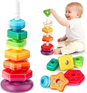 Baby Spinning Stacking Toy for Toddlers 1-3, Rainbow Ring Stacker with Rattle Beads & Numbers 1-6, Sensory Montessori Learning Toy for Fine Motor Skills, 1st Birthday Gift for Boys and Girls