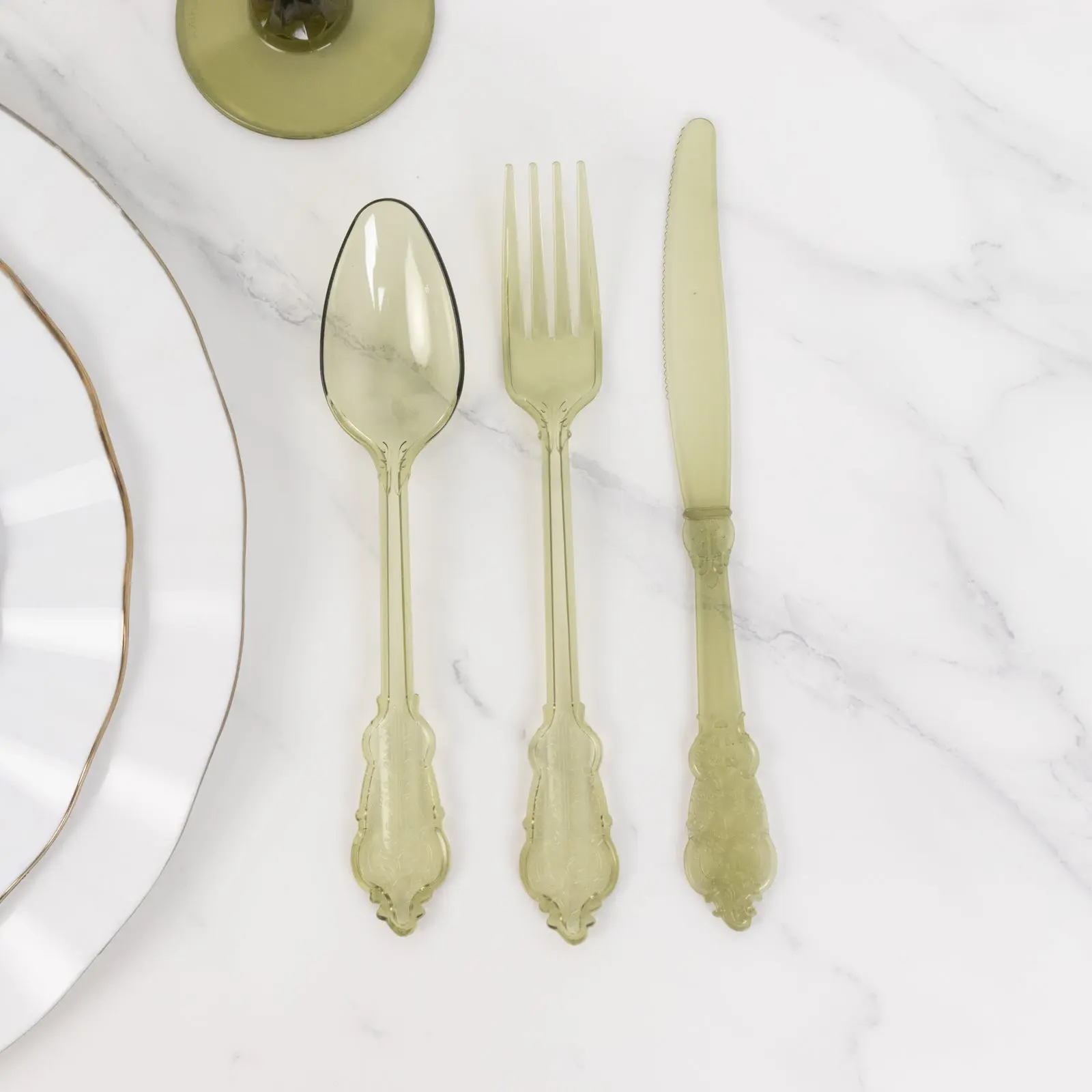 72-Pcs Baroque-Style Casual Plastic Dinnerware Set - Transparent Dusty Sage Green Cutlery, Heavy-Duty Disposable Forks Spoons and Knives Tableware Set
