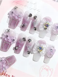 Medium Coffin Press On Nails 24pcs Purple Gradient 3D Flower Bow Rhinestone Cute Elegant Nail Kit for Date Night & Parties