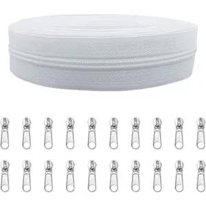 NO.5 Nylon Coil White Zippers by The Yard Bulk 10 Yards with 20 count Zipper Sliders for DIY Sewing Tailor Craft Bags (White)