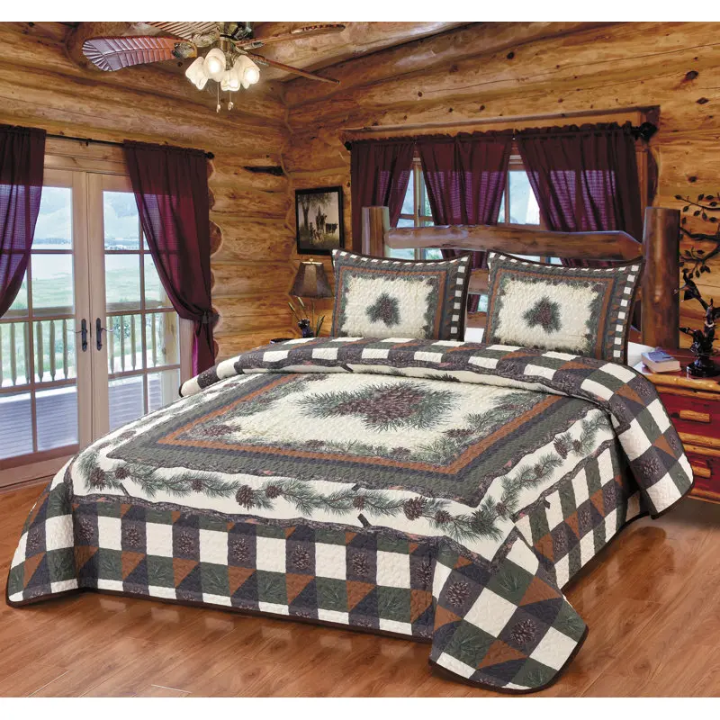 De Leon Collections 62313 Pine Forest Checkered Pinecone Quilt Quilted Bedding Set, Multi Color - Queen Size Quilt & 2 Standard Shams