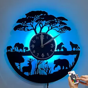 Unique LED Vinyl Record Wall Clock with 7 Color Changing African Animal Art, Home Wall Decor for Birthdays Christmas Mother's Day Father's Day, Battery Not Included
