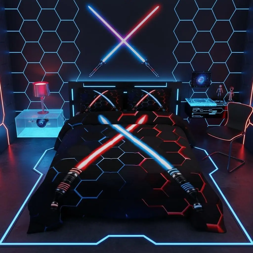 Feelyou Lightsaber Print Bedding Set - Neon Red & Blue Lightsaber Geo Polyester Fibre Multi-Size Travel-Ready Quilt Set, Ideal for Kids’ Room Decor