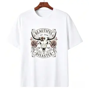 Women's Western Cowboy Graphic T-Shirt - Black Short Sleeve Crew Neck Top with Bull Skull & Floral Design, "" Vintage 2008 Text, Casual Spring/Summer Tee for Outdoor & Casual Attire
