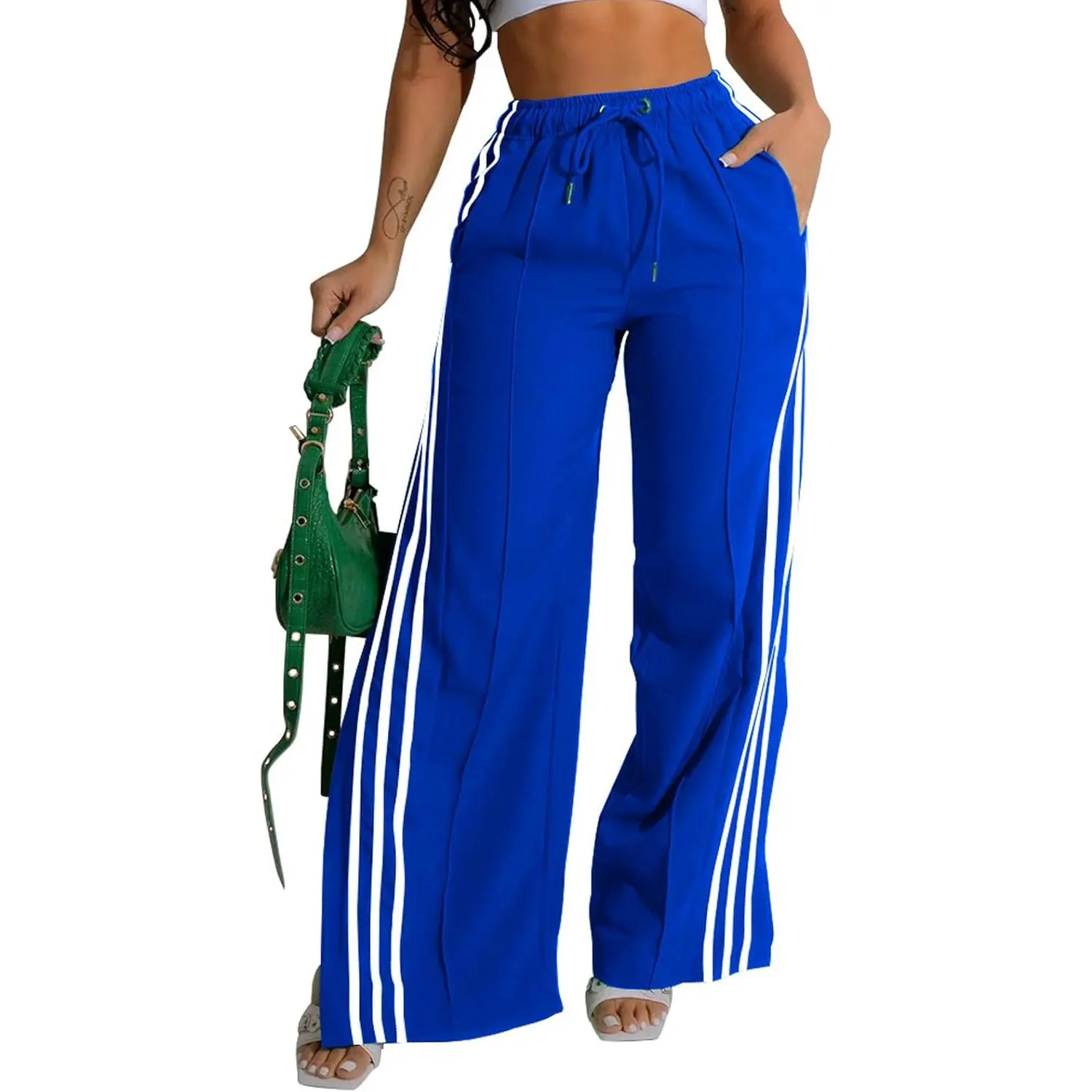 Women's Wide Leg Pants with Side Stripe, Casual High Waisted Trousers in Stretchy Fabric with Drawstring and Side Slits