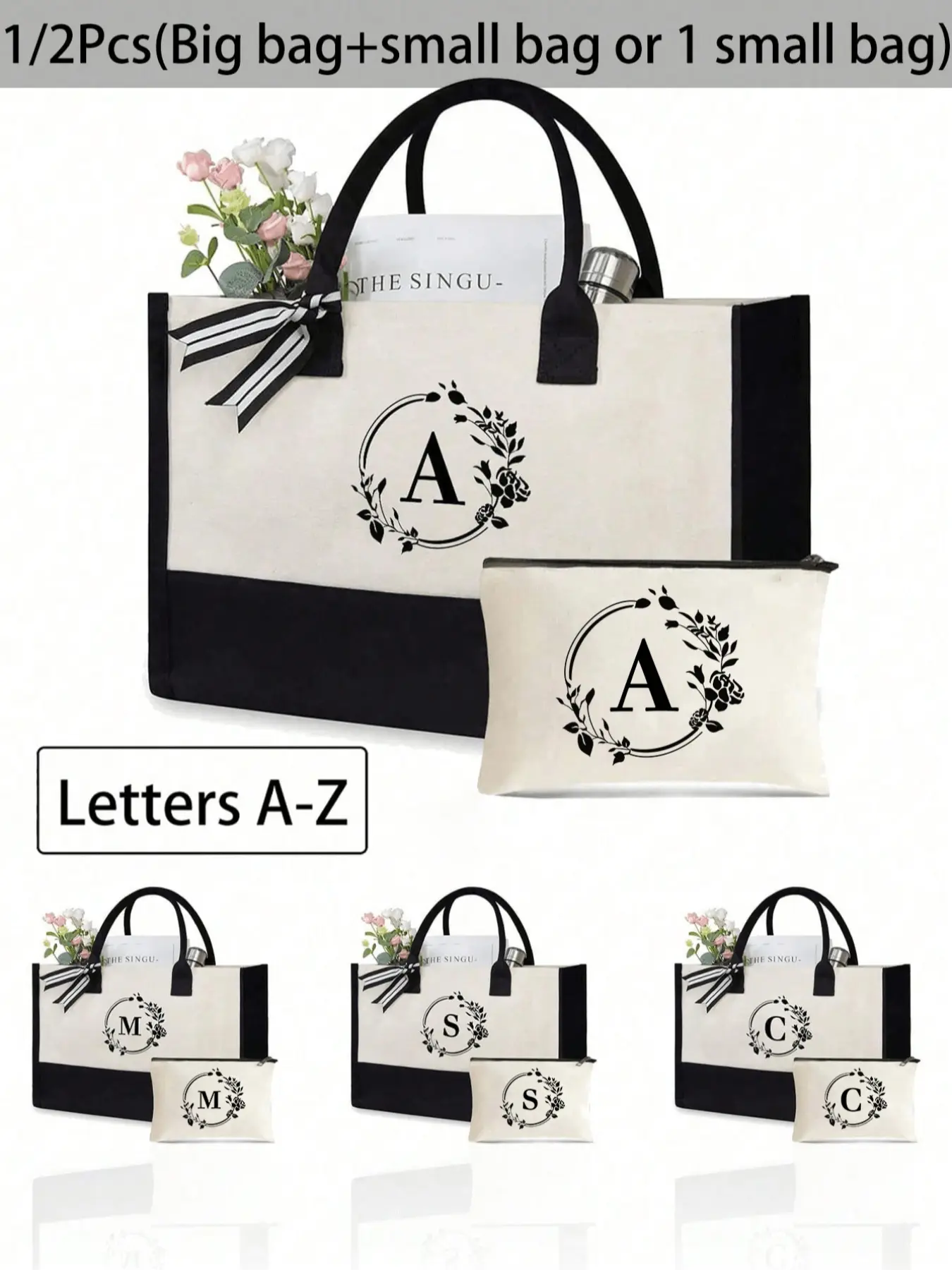 Two letter canvas tote bags per set, personalized gift bags, stylish tote bag, Minimalist tote bag, Monogram tote bag, College style tote, large capacity tote bags, suitable for weddings, birthdays, beaches, holidays, perfect gift for female friends