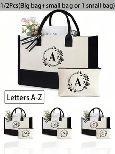 Two letter canvas tote bags per set, personalized gift bags, stylish tote bag, Minimalist tote bag, large capacity tote bags, suitable for weddings, birthdays, beaches, holidays, backpacks, and a perfect gift for female friends.