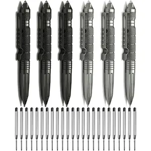 6 Pack Tungsten Military Pen Set, Multifunctional EDC Self Defense Pen With 24 Ballpoint Refills (Black & Gray)