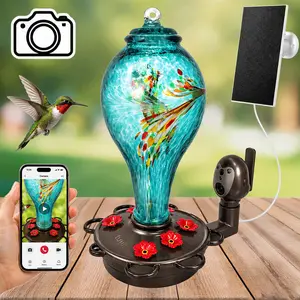 LUJII Solar Hummingbird Feeder with Camera, Hand Blown Glass Bird Feeder with Smart Camera Viewing, Motion Alerts, Auto Recording, Leak Proof & Ant Moat gardening gift