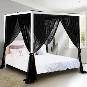 Black Bed Curtains, 4 Corner Post Bed for Girls & Adults, Top Luxurious Bed Drapes for Bedroom Decoration, 4 Openings, 100% Ripstop, Easy Install, King/Queen Size