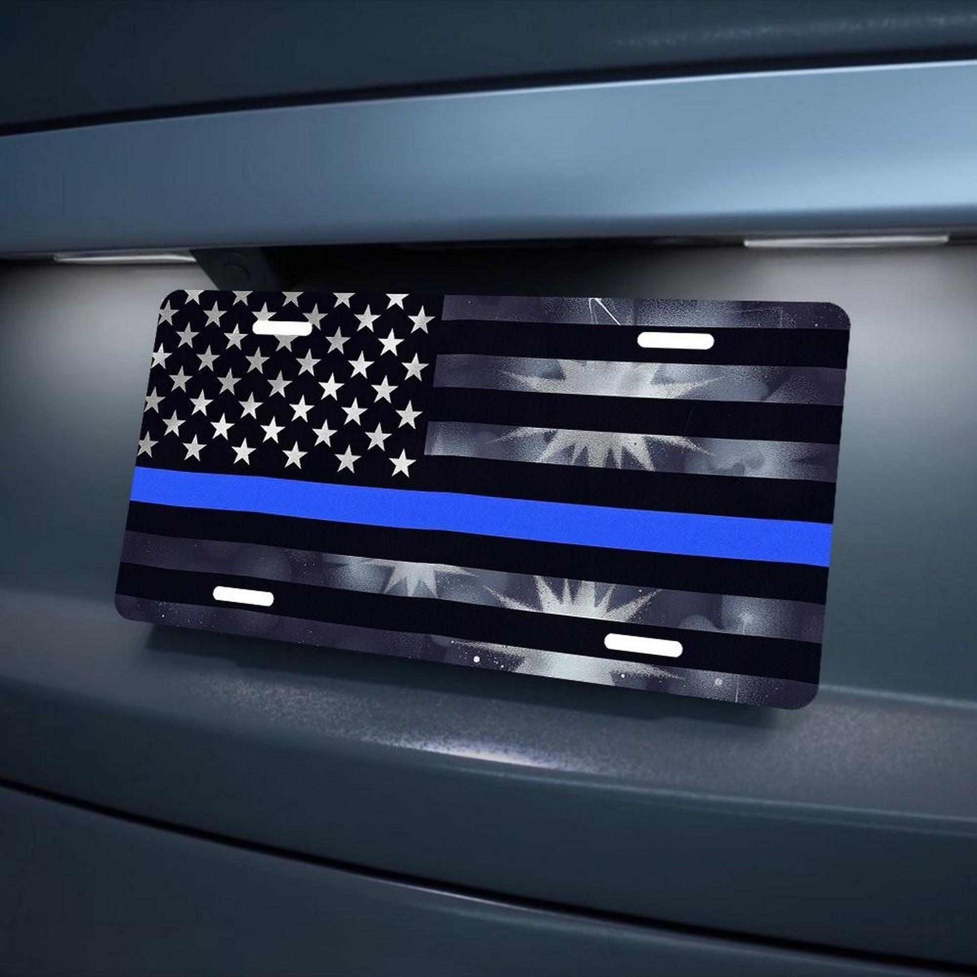 Thin Blue Line American Flag License Plate Black White Novelty Vanity Tag Aluminum 6x12 Inch