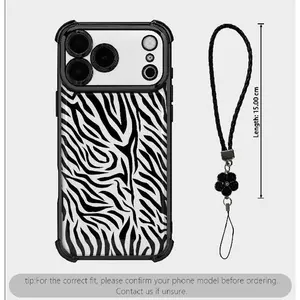 Zebra-Print iPhone Case-Reinforced corners, electroplated finish, luxurious look, and drop-proof, shock-resistant, and scratch-resistant. Compatible with iPhone 17/16/15/14 Pro Max |   Includes a four-color clover lanyard
