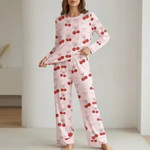 Women's 2-Piece Cherry Bow Pink Pajama Set - All-Over Fruit & Hearts Print Knit Fabric Loungewear, Soft Breathable Cotton-Polyester Blend, Stretchy Elastic Waist Shorts, Crew Neck Longsleeves Wrap, Summer Sleepwear