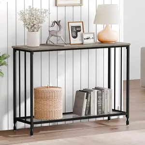 【GARVEE】41.5" Narrow Console Table with Glass Shelf and Metal Frame, Small Entryway and Sofa Table, Rustic Grey, Perfect for Narrow Spaces and Behind Couch