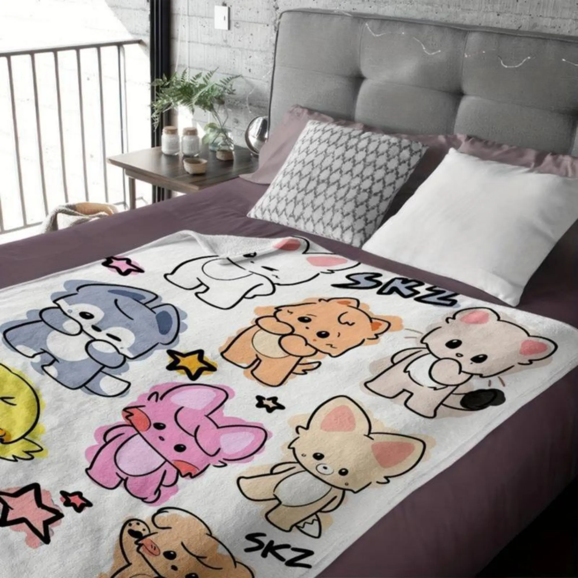 Cozy Flannel K-POP Air Conditioning Blanket Idol Soft Funny Throw Blanket Cartoon Design Machine Washable All Seasons Lightweight Ultra-Soft Flannel Fabric Cute K-Pop Idol Print